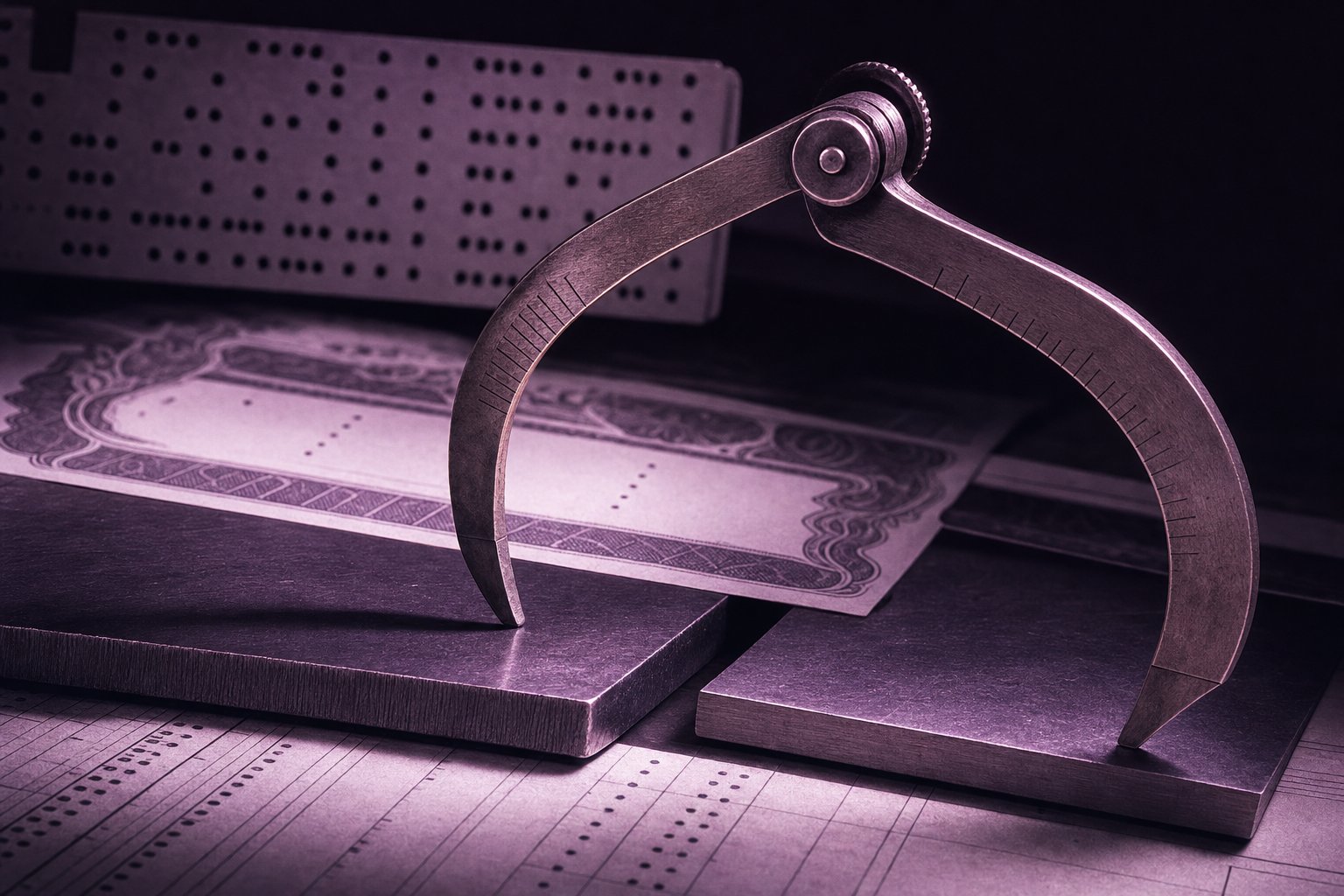 A folding brass comparison caliper opened over two blank metal plates of slightly different thickness