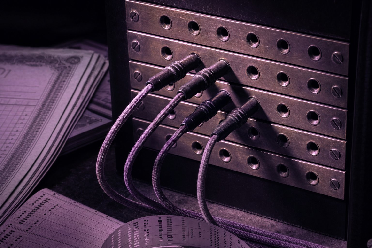 A telephone-exchange patch panel in brass and dark bakelite, four cloth-covered cords plugged into unlabeled jacks