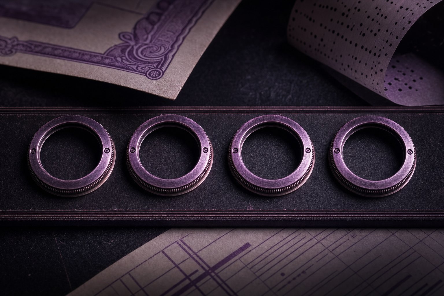 Four identical brass instrument bezels of the same diameter laid in a row on dark board, each bezel empty