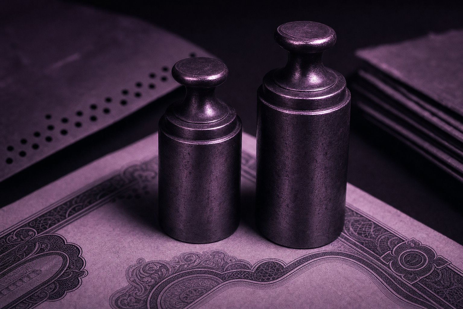 Two matched brass pan-balance weights standing side by side under a single hard light, one a shade taller