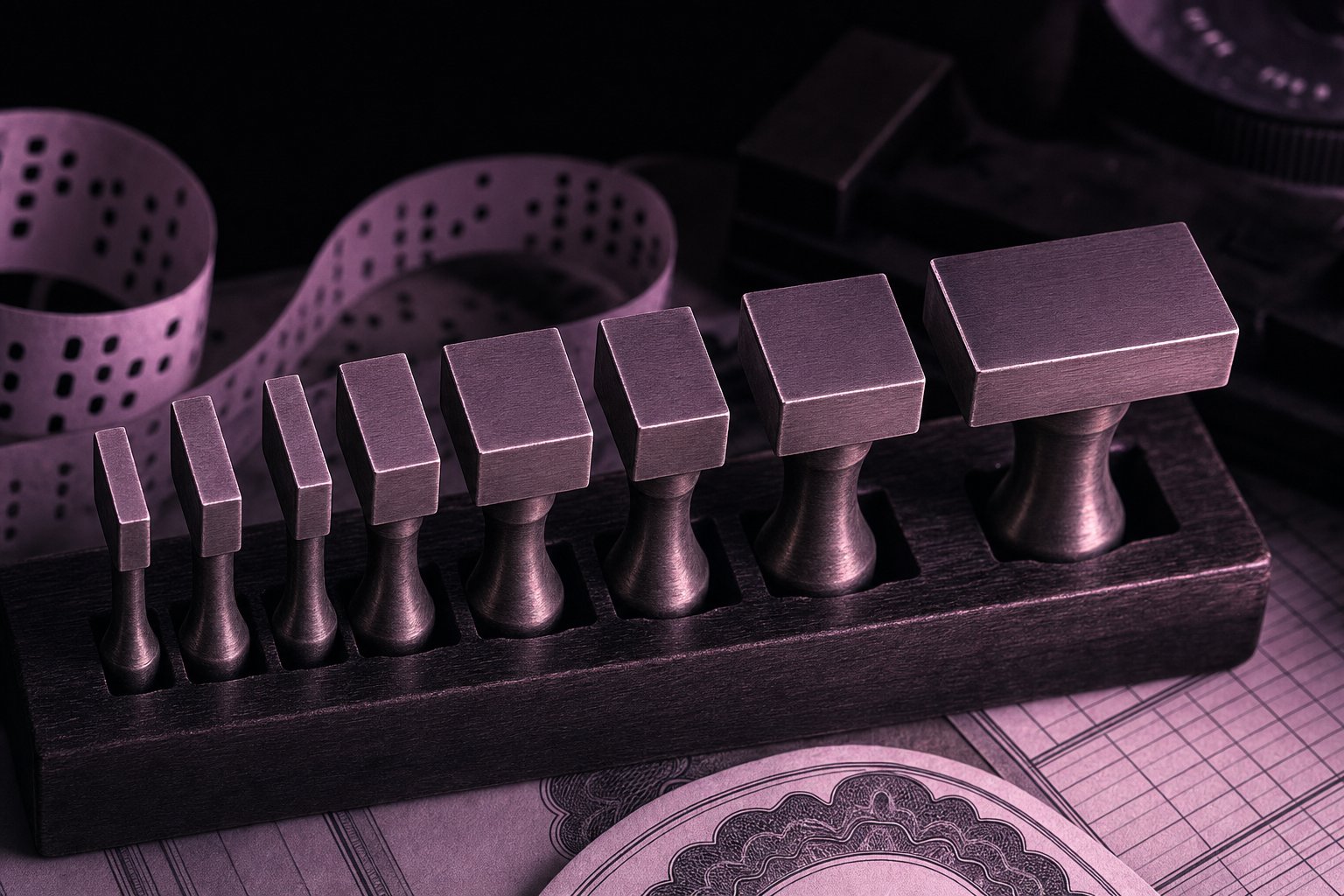 A row of brass hand stamps standing in a fitted wooden holder, each face a different width and every face blank