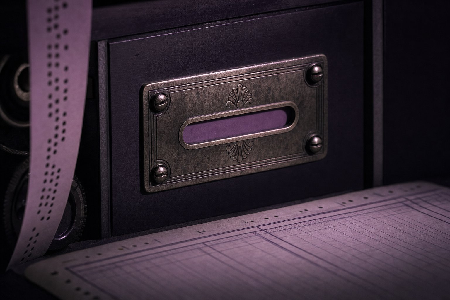 A brass pneumatic-tube station plate with a single blank slot, mounted on dark plum panelling
