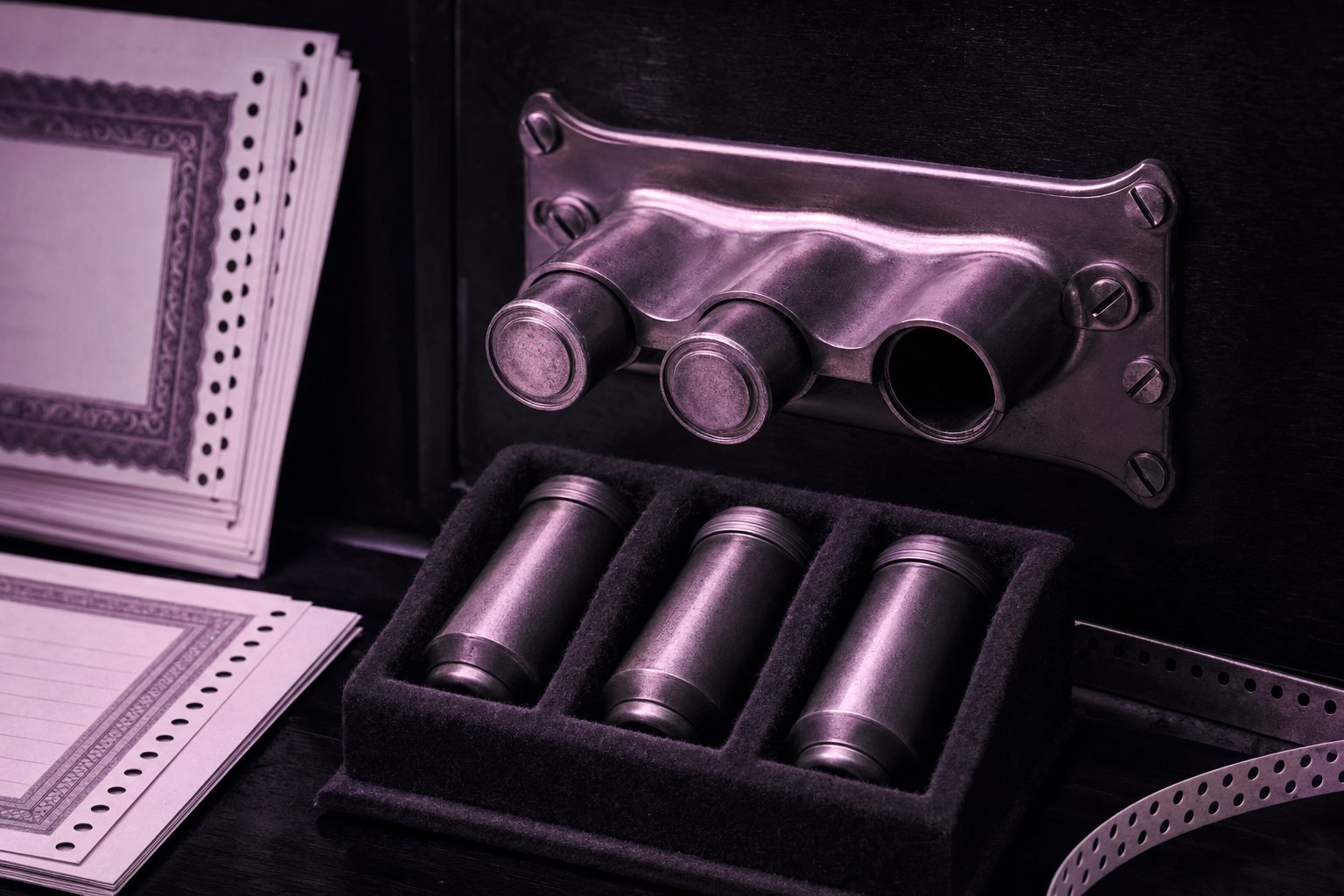A three-port brass tube head mounted above a fitted felt tray holding three cylindrical carriers, one bay empty