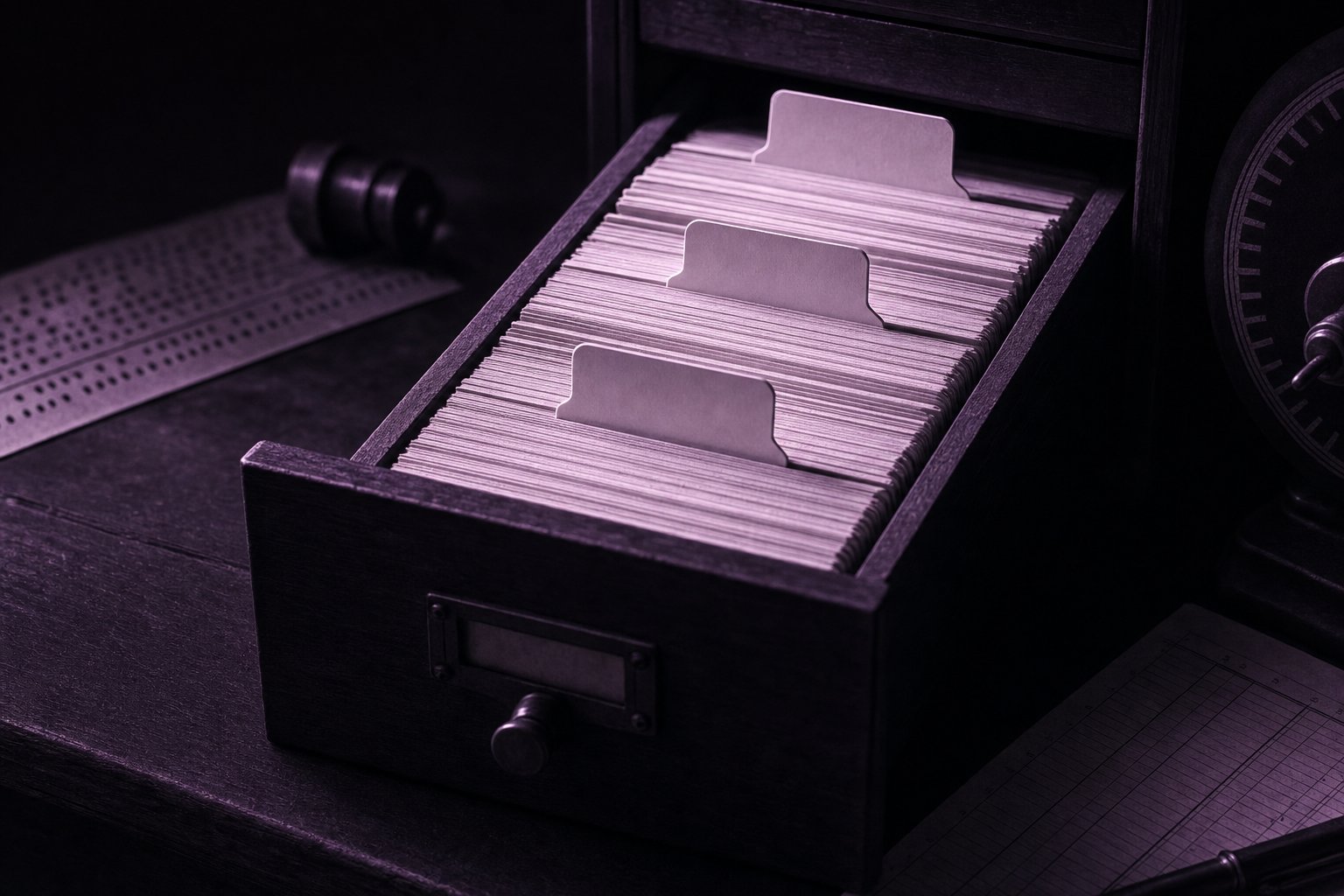A wooden card-index drawer pulled open on a dark bench, the cards inside separated by three raised blank tab dividers standing at different heights