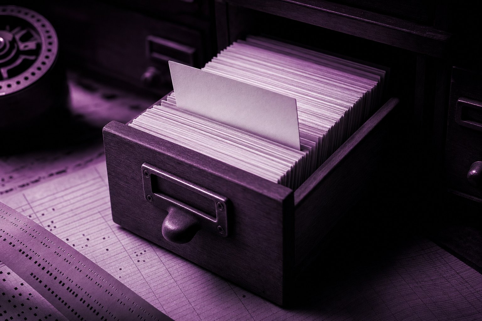 A wooden index-card drawer pulled halfway out, the cards blank and tightly packed, one card raised