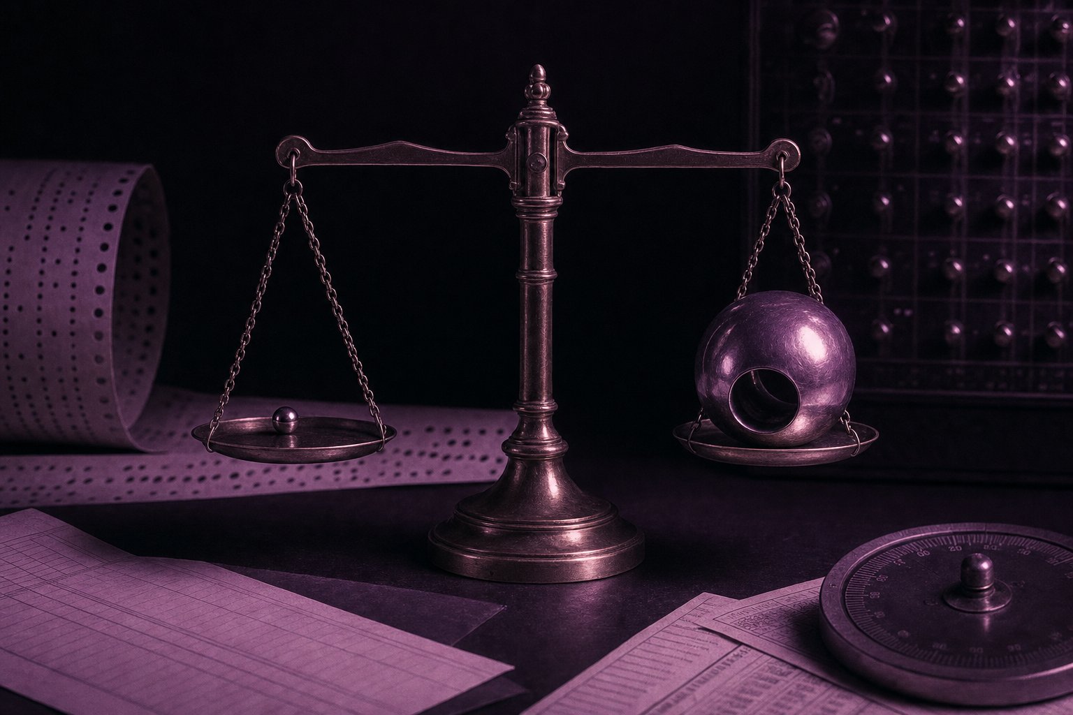 A brass equal-arm balance scale on dark board, one pan bare and the other carrying a large hollow polished sphere