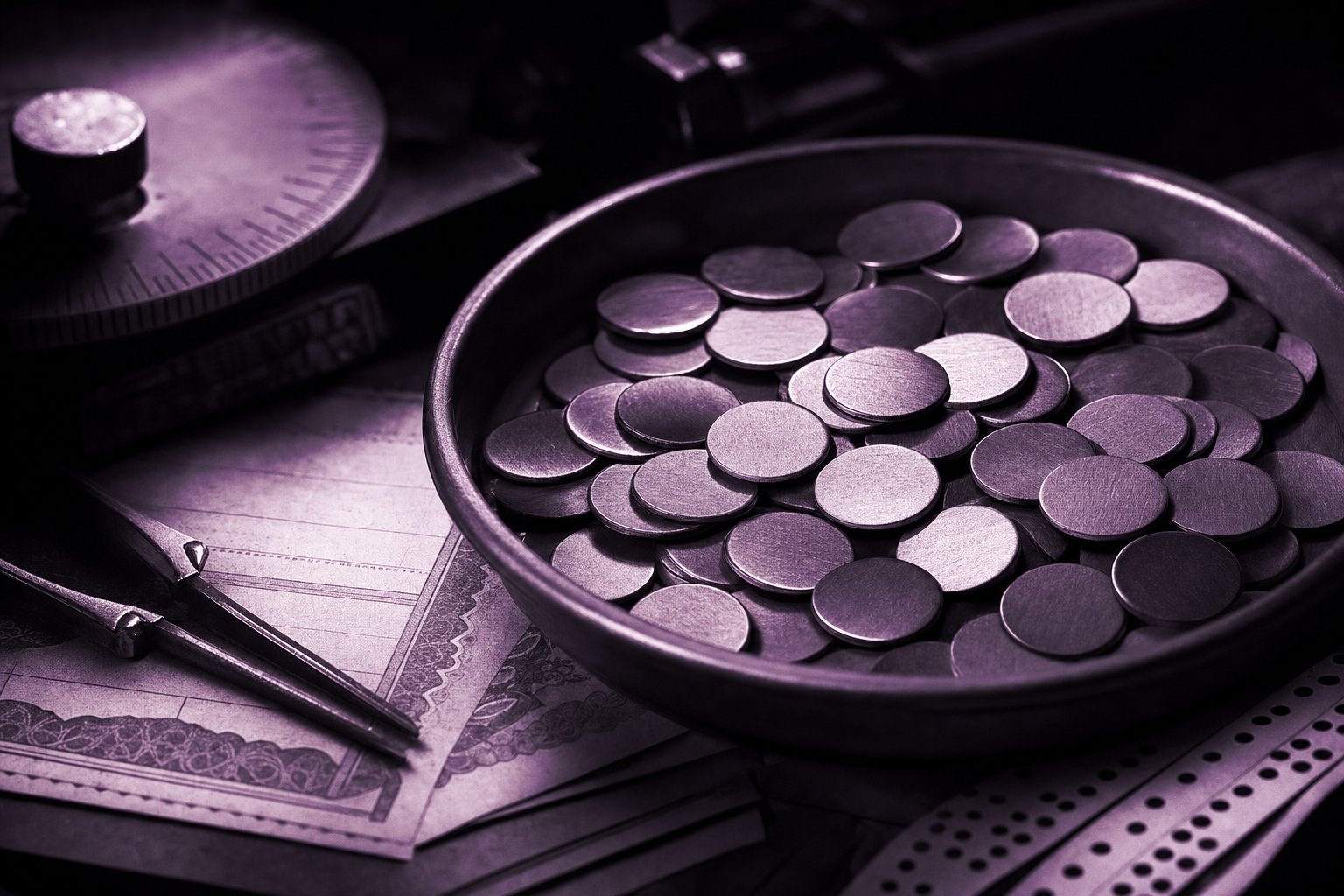 A shallow coin tray holding many small blank blanks of struck metal, unmarked, under raking light