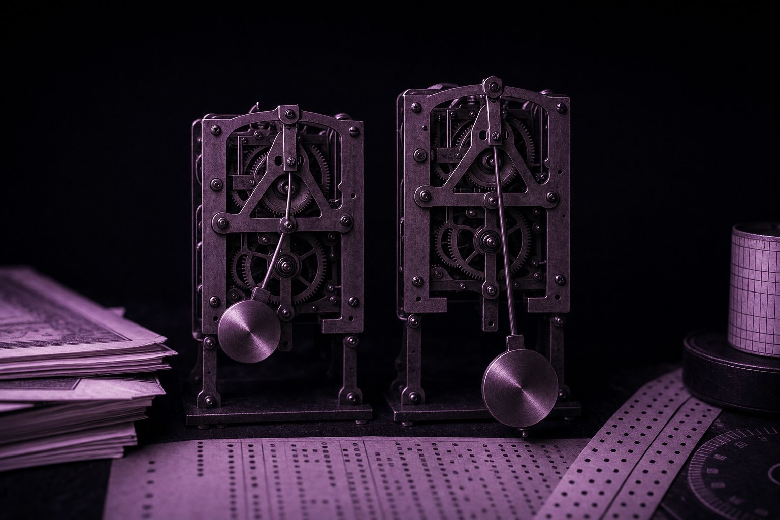 Two skeleton clock movements standing side by side on dark board, each with its own pendulum, neither fitted with a dial or hands