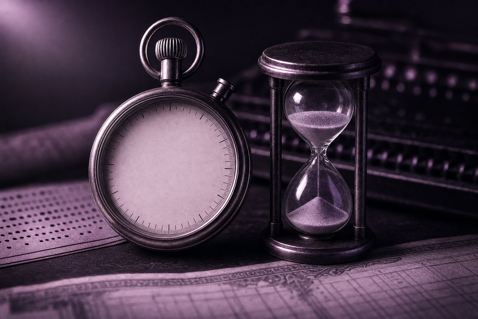 A brass stopwatch and a small sand hourglass standing side by side on dark board, both blank-faced