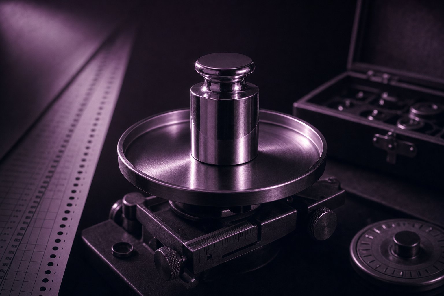 A polished steel calibration weight sitting exactly centered on a blank balance pan, its surface unmarked