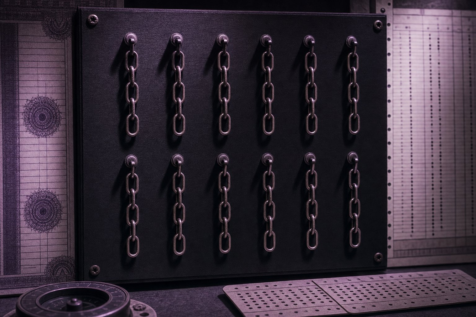 A dark board hung with a grid of short brass link chains, each chain on its own hook and none of them joined to another