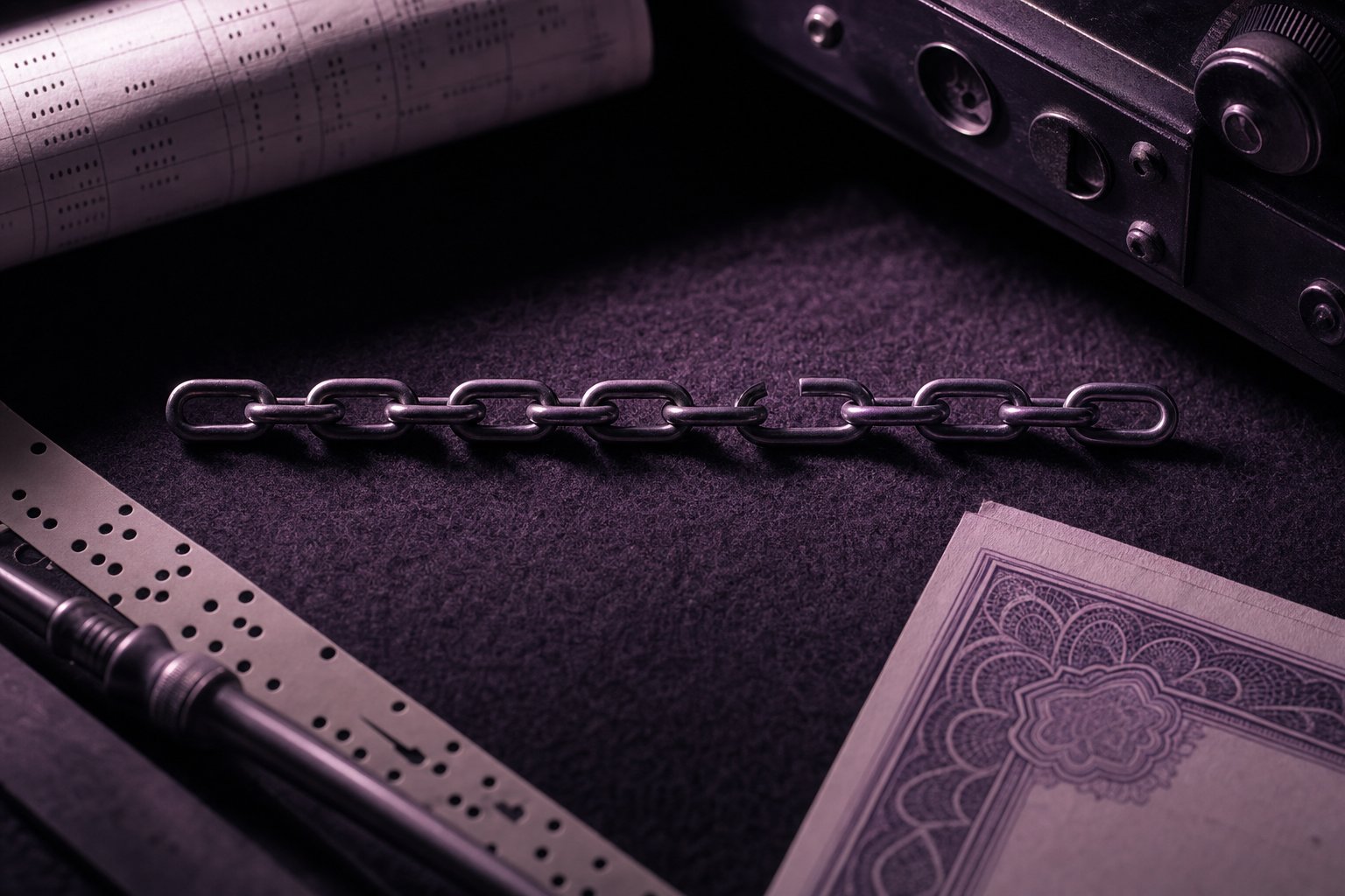 A chain of identical small steel links lying in a straight line on plum felt, one link left open