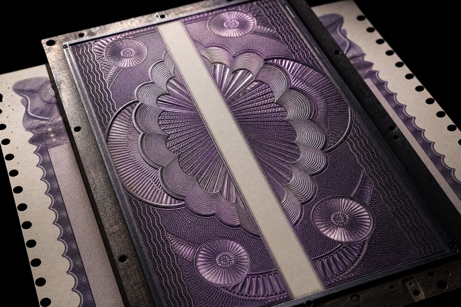 An engraved intaglio plate for a share certificate, its guilloche lathe-work catching a raking light