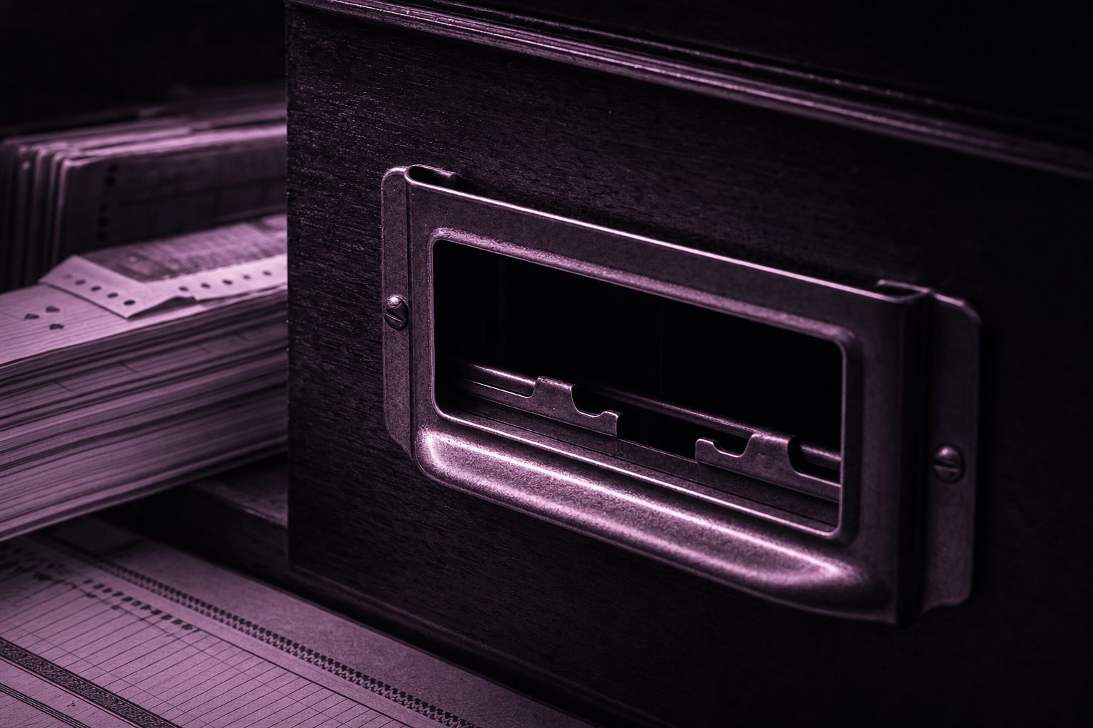 An empty brass card-index slot in a dark wooden drawer, the card removed, only the guide rail left in place