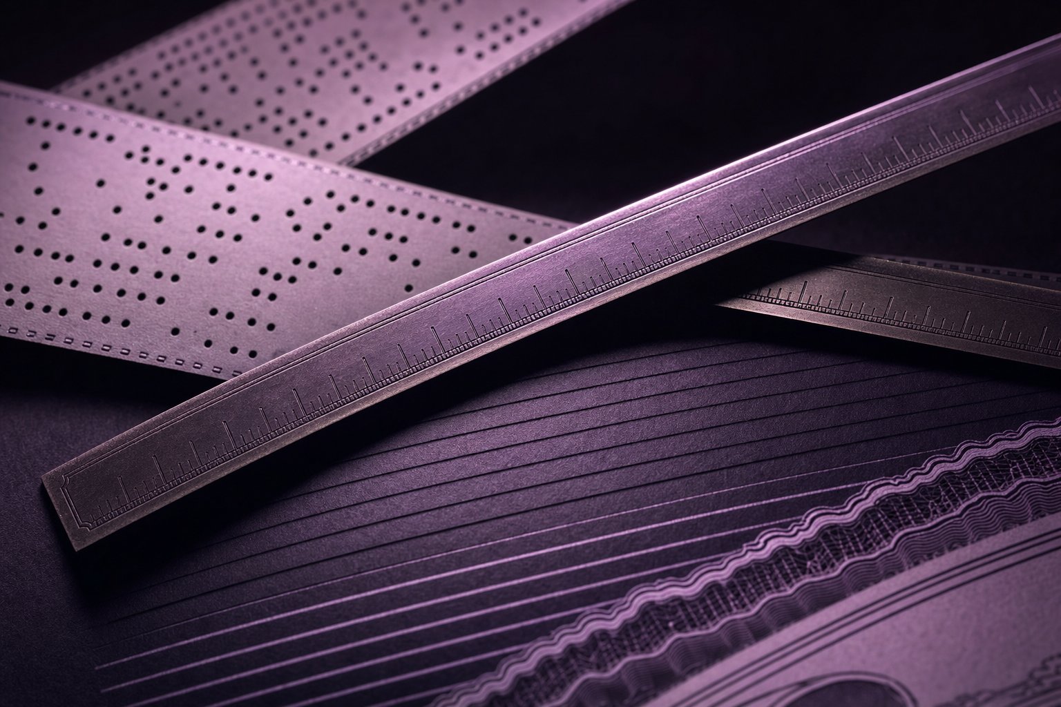 Two thin brass straightedges crossed at a shallow angle over dark ridged paper, casting a narrow wedge of shadow between them
