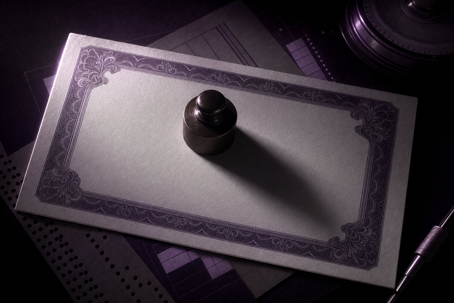 A blank engraved certificate lying face down under a small brass weight, its border lathe-work catching light along one edge