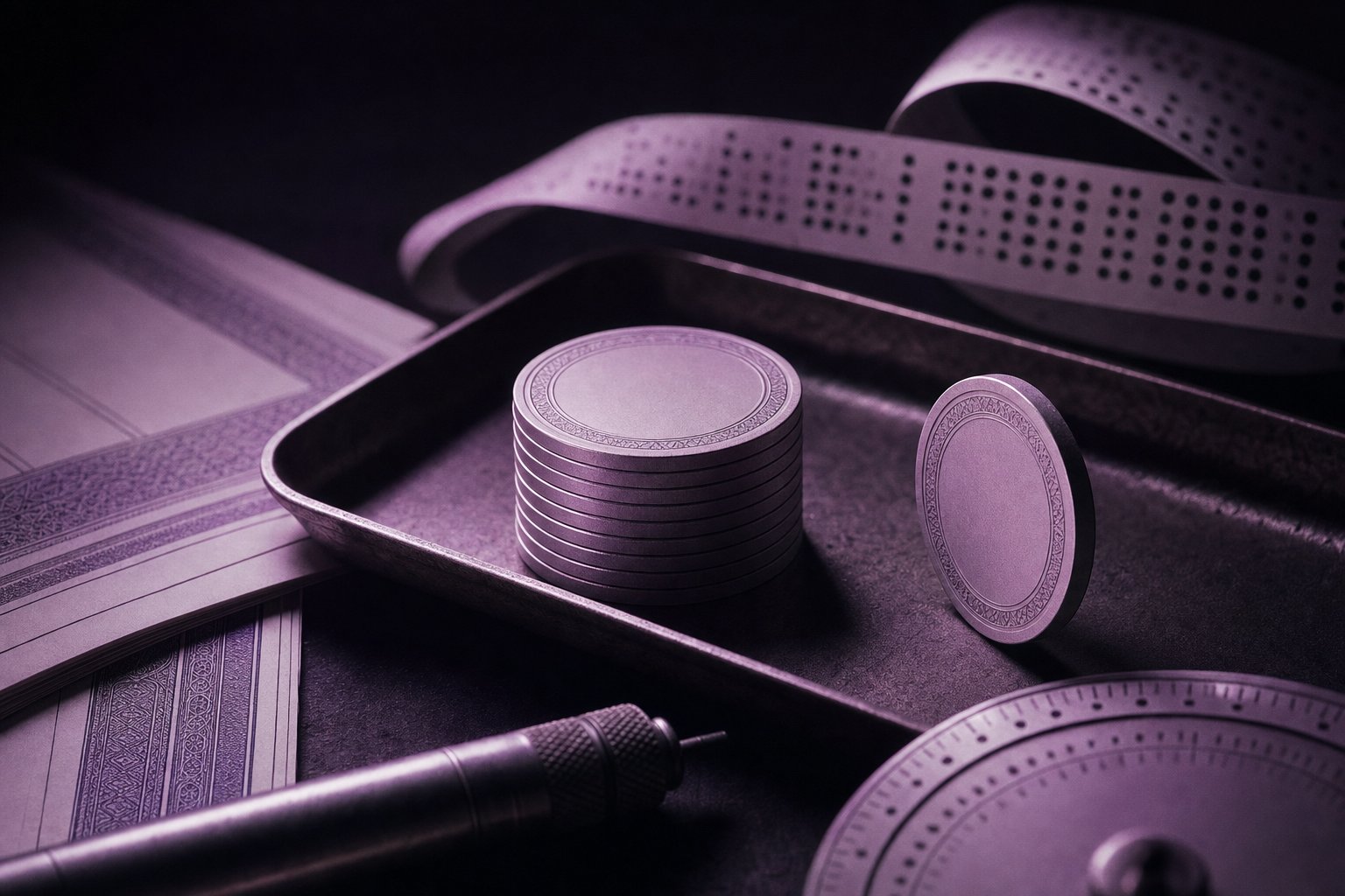 A shallow steel tray holding a neat stack of blank cash-drawer tokens under raking light, one token standing on edge apart from the stack