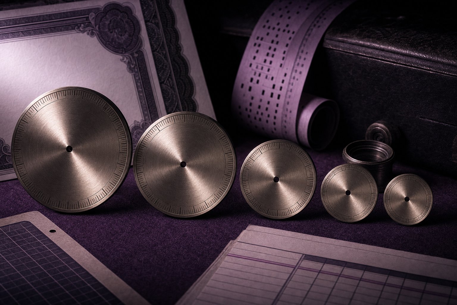 Five calibrated brass dial faces of different diameters laid in a row on plum felt, all faces blank and unmarked