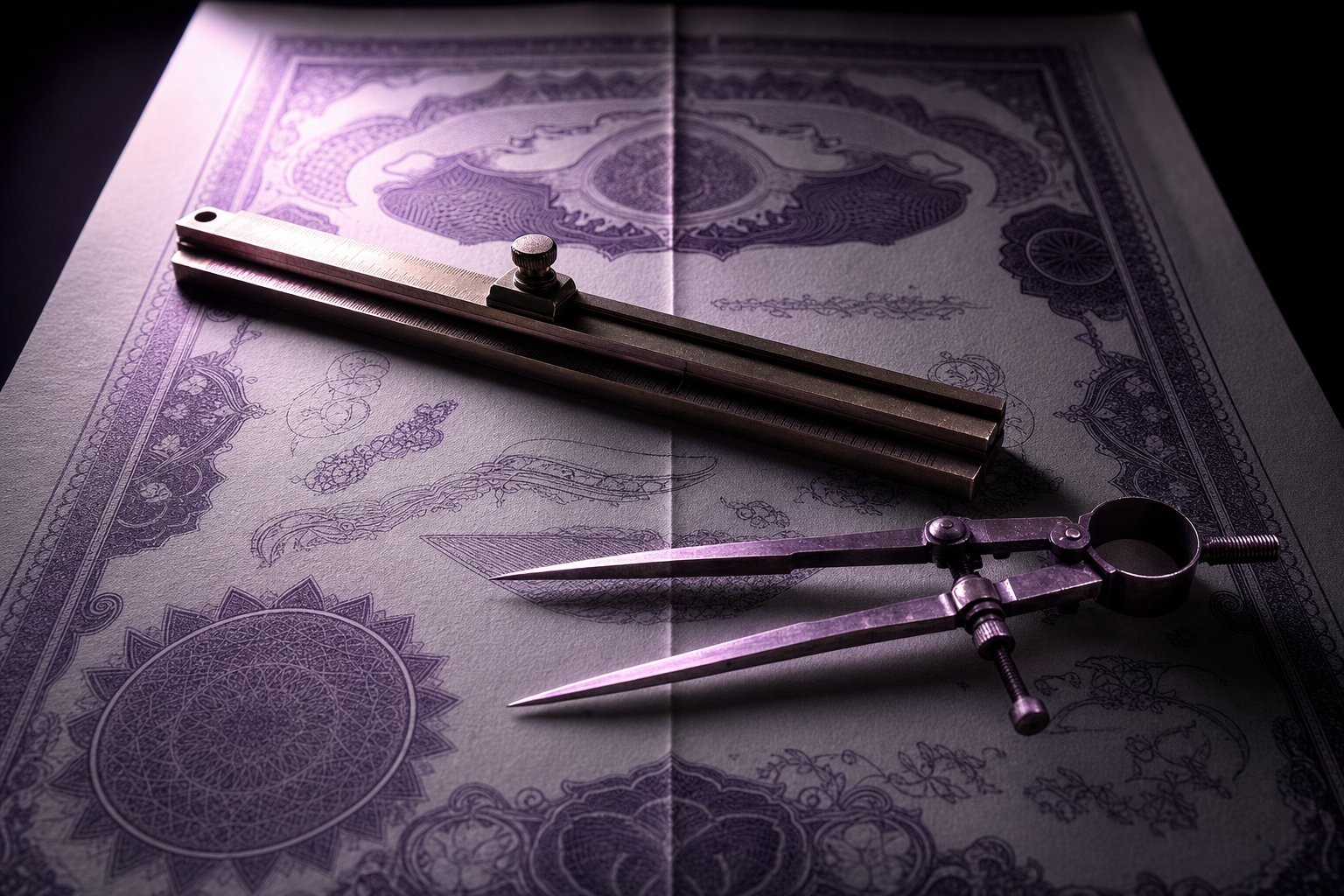 A brass parallel rule and a pair of dividers resting on a folded engraved contract sheet, the fold running down the center