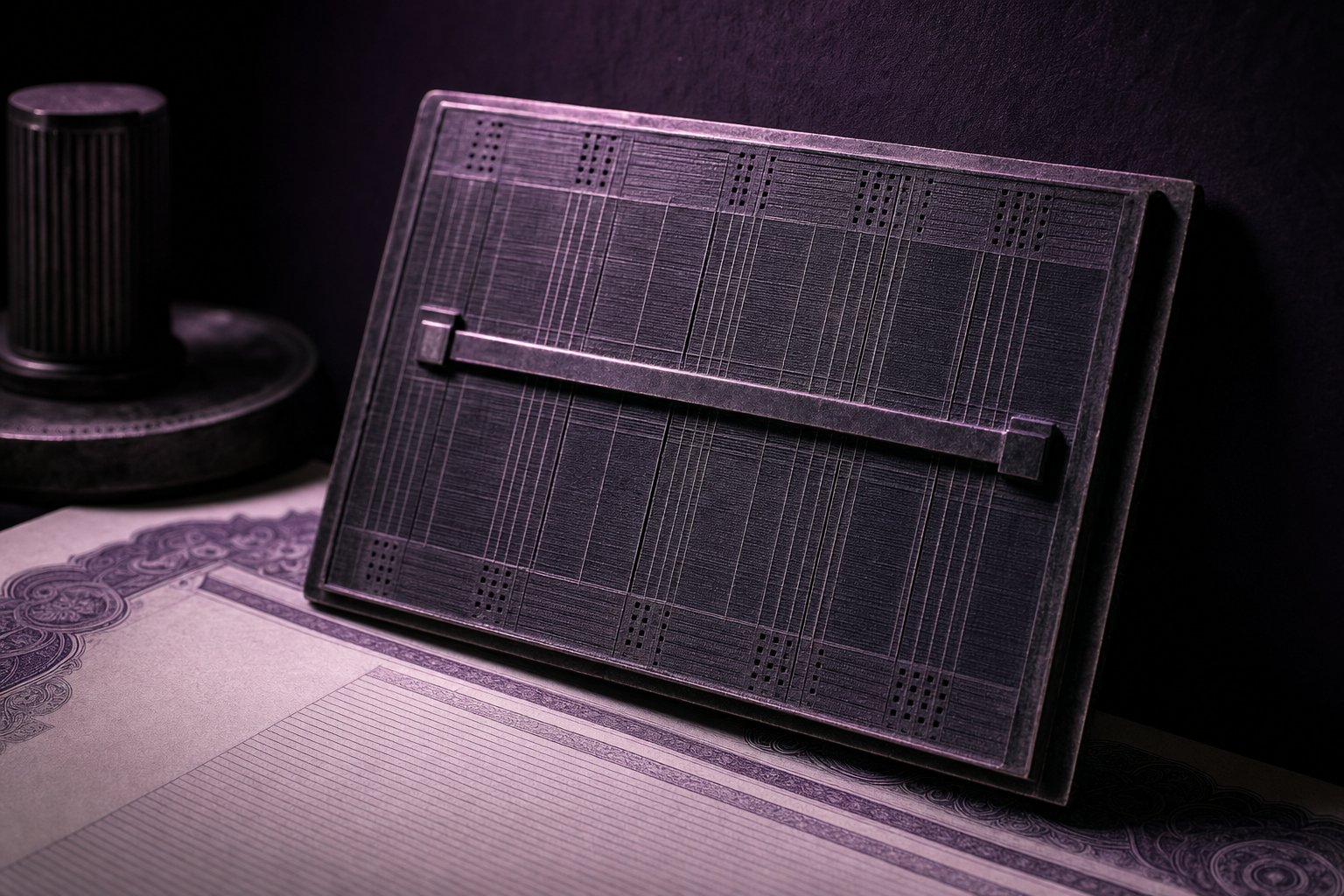 A single letterpress printing plate leaning against dark plum board, its surface a lattice of fine rules with one raised horizontal bar crossing it