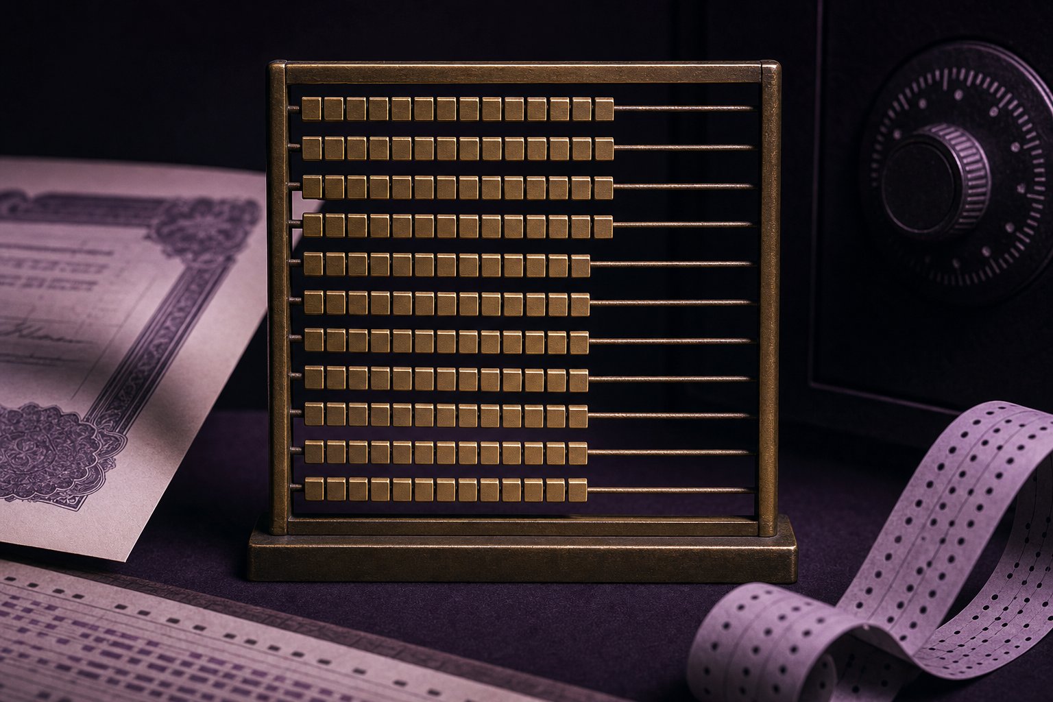 A brass counting frame with ten wires, each carrying ten square brass beads, standing on dark board