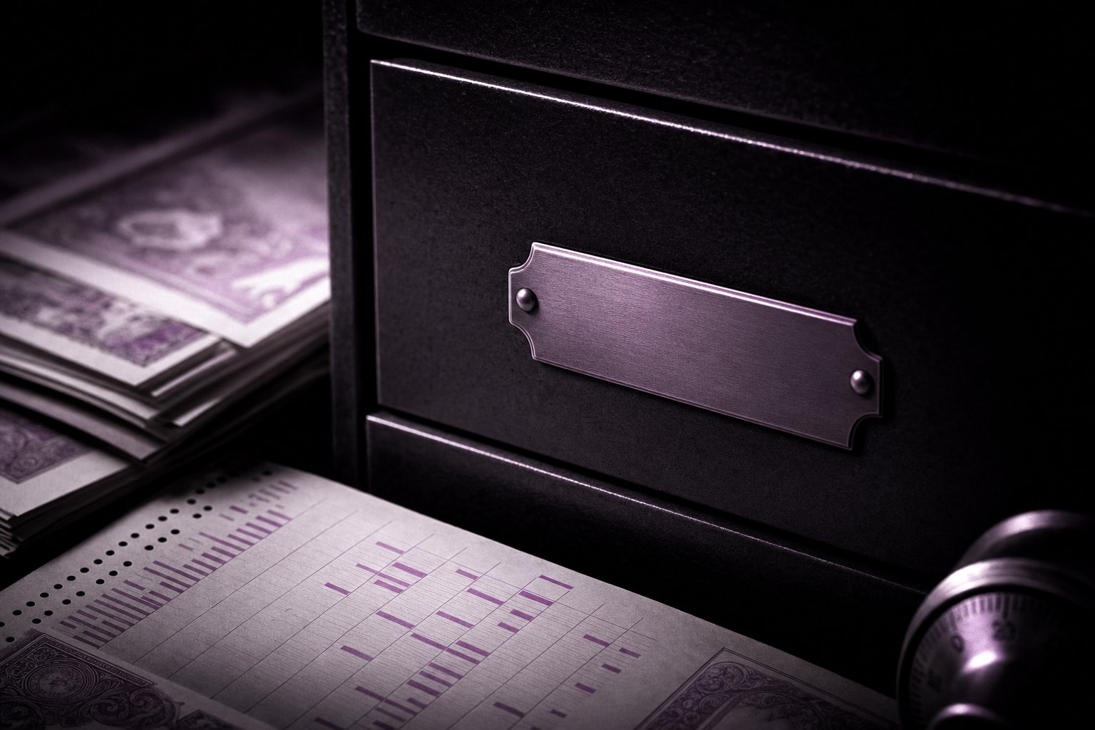 A closed steel deposit-box door with a blank brass plate where a number would be, no keyhole markings