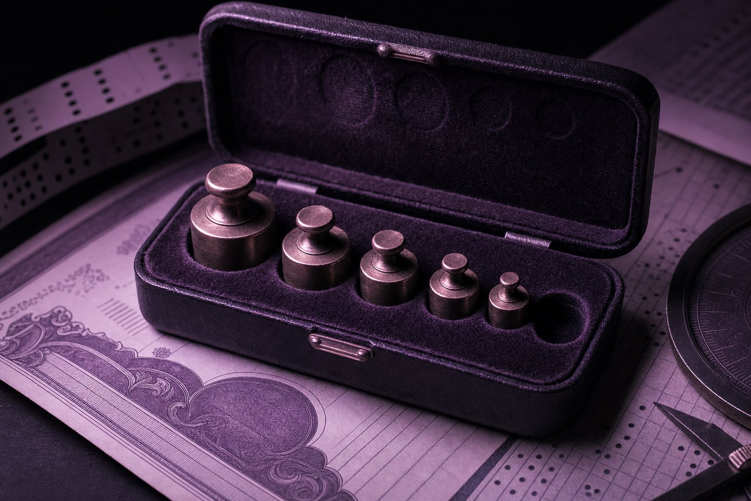 Five brass balance weights of graduated size seated in a fitted velvet case, one slot left empty