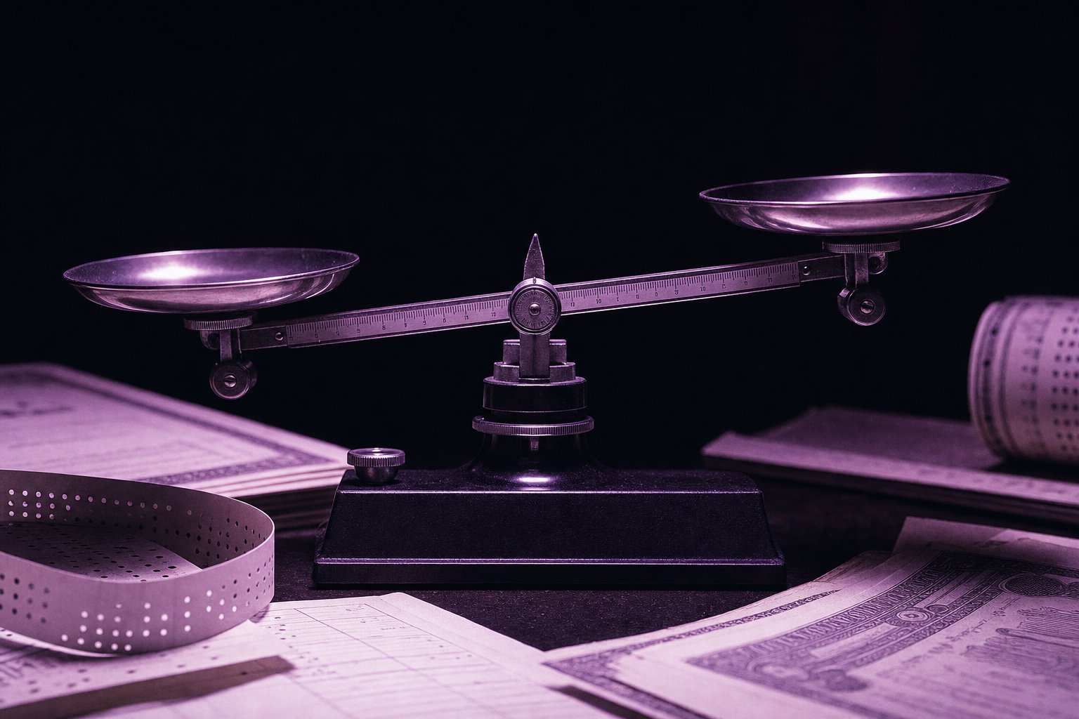 A precision balance beam with two empty polished pans, photographed low against near-black, the beam very slightly tipped