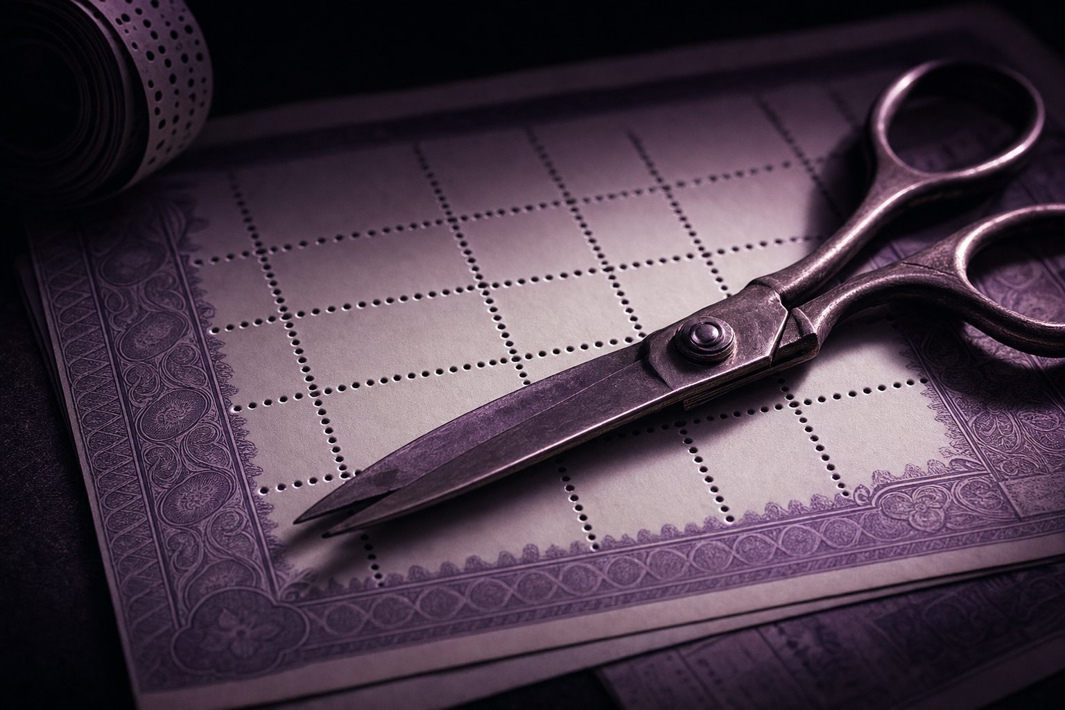 A pair of brass coupon shears lying across a sheet of perforated blank coupons