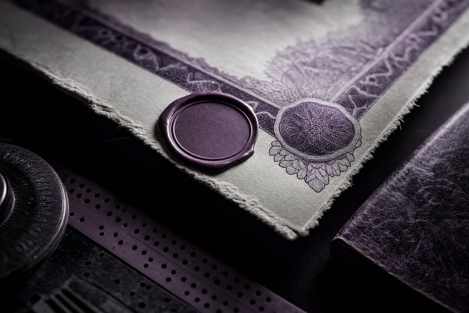 The deckled edge of a heavy engraved bearer certificate with a wax seal, the seal blank and unstamped