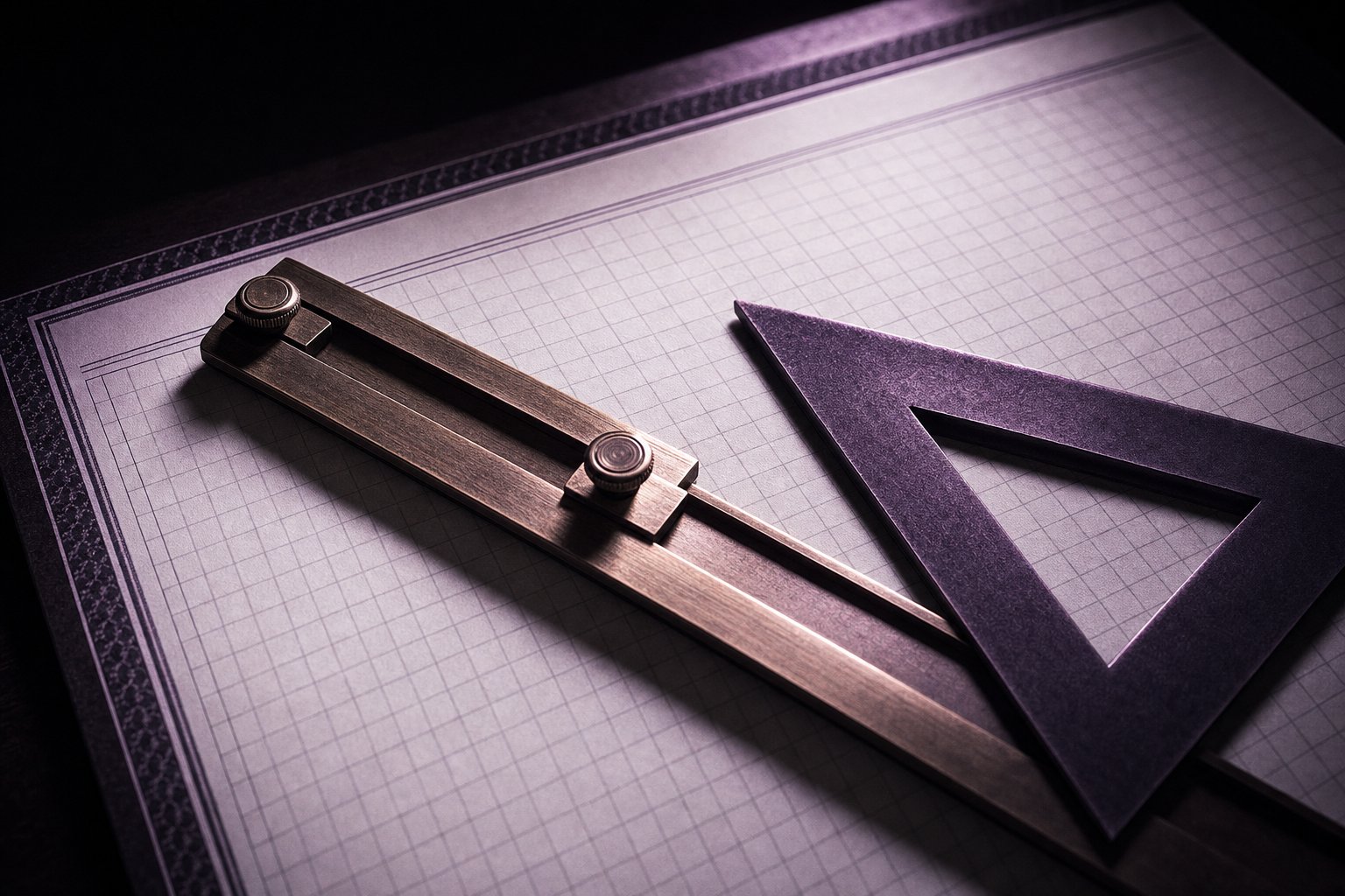 A brass parallel-motion ruler and a set square resting on a sheet of ruled plate graph paper, the grid blank