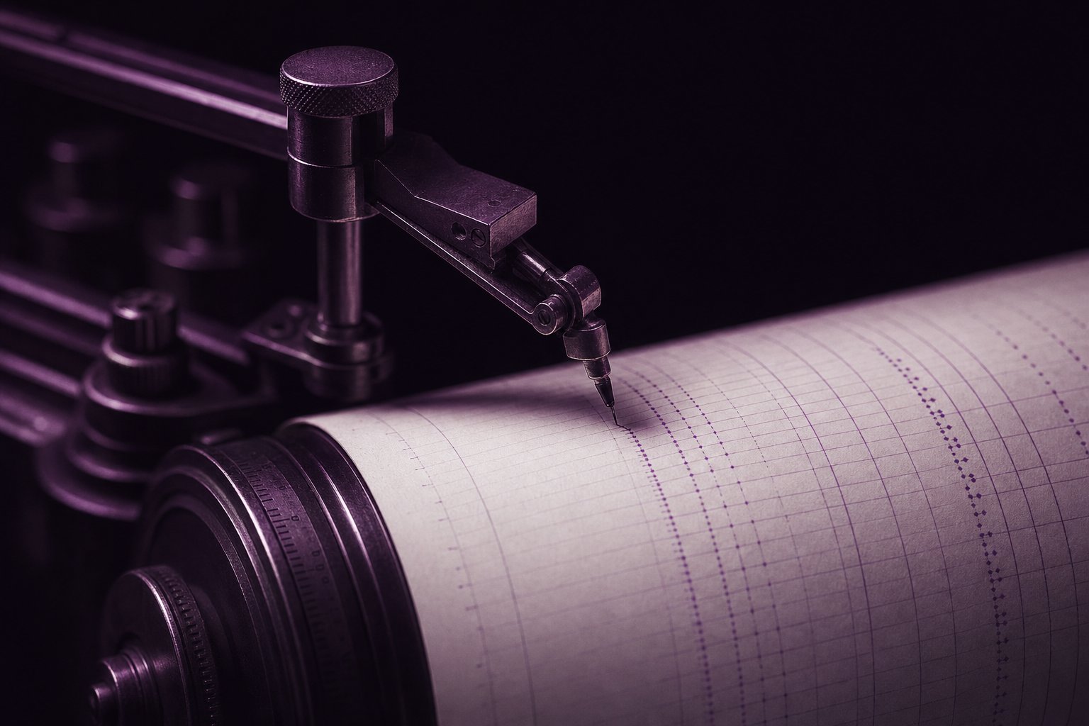 A pen plotter arm resting on drum paper, the drum blank, the nib just touching the surface