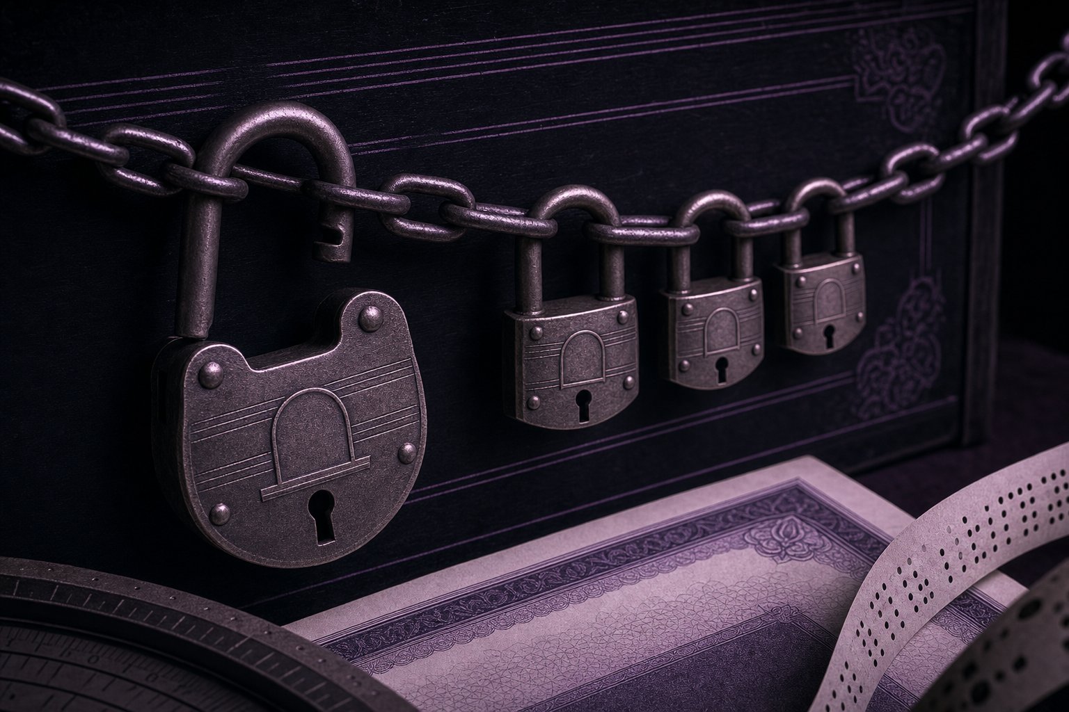 A row of brass padlocks of graduated size threaded on a chain across dark board, the largest hanging open