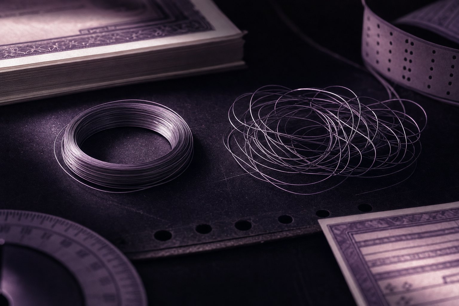 Two coils of thin steel wire on dark board, one wound tight and even, the other loose and tangled