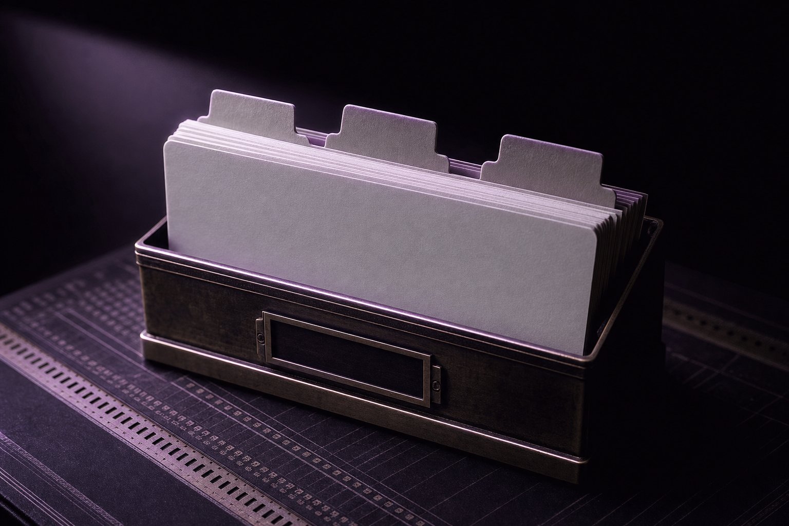 A brass card-index tray with tabbed dividers standing on dark board, three tabs raised above the rest, every card blank
