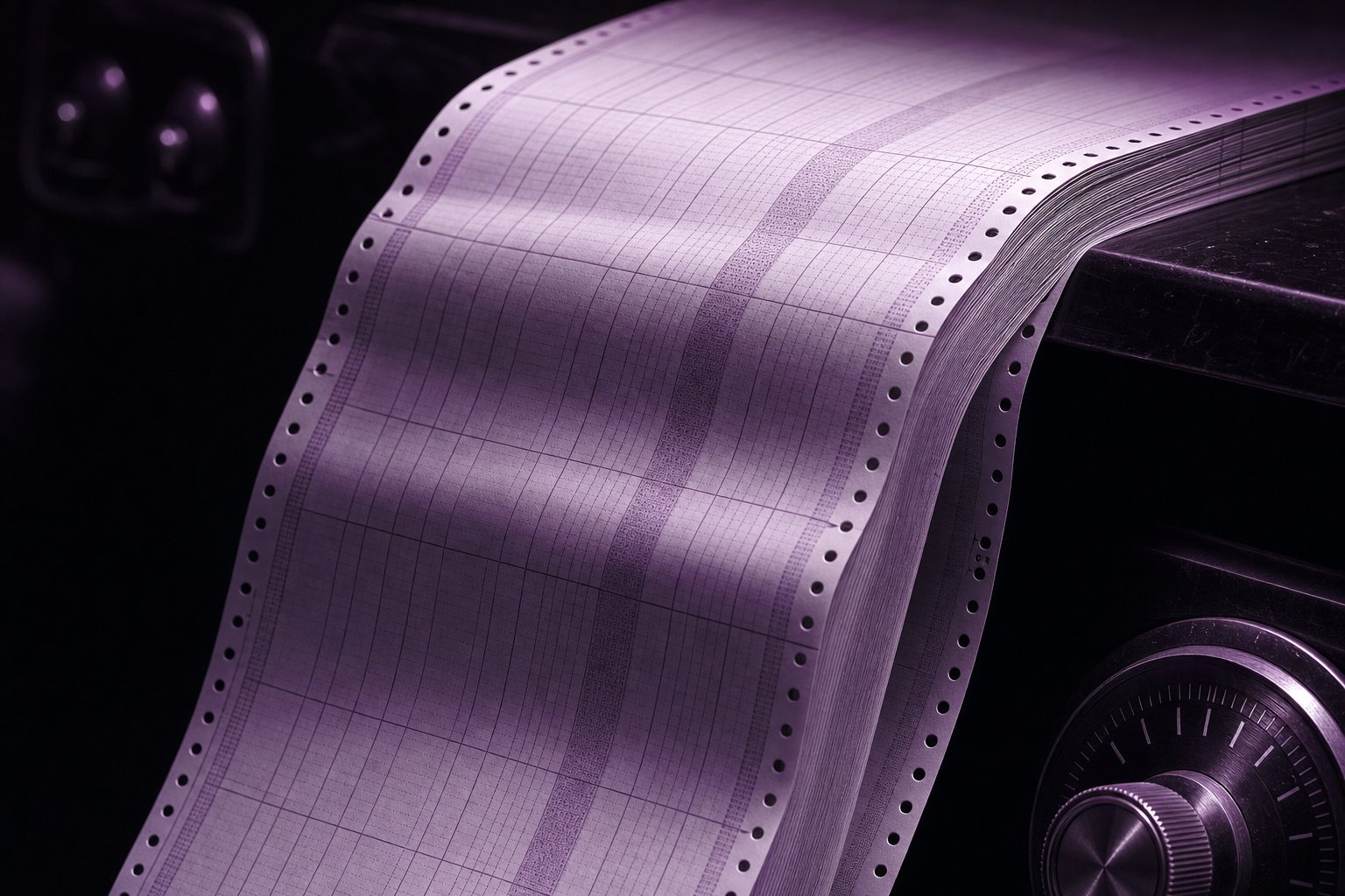 A stack of perforated fanfold ledger paper cascading over the edge of a dark desk, the perforation strips catching the light