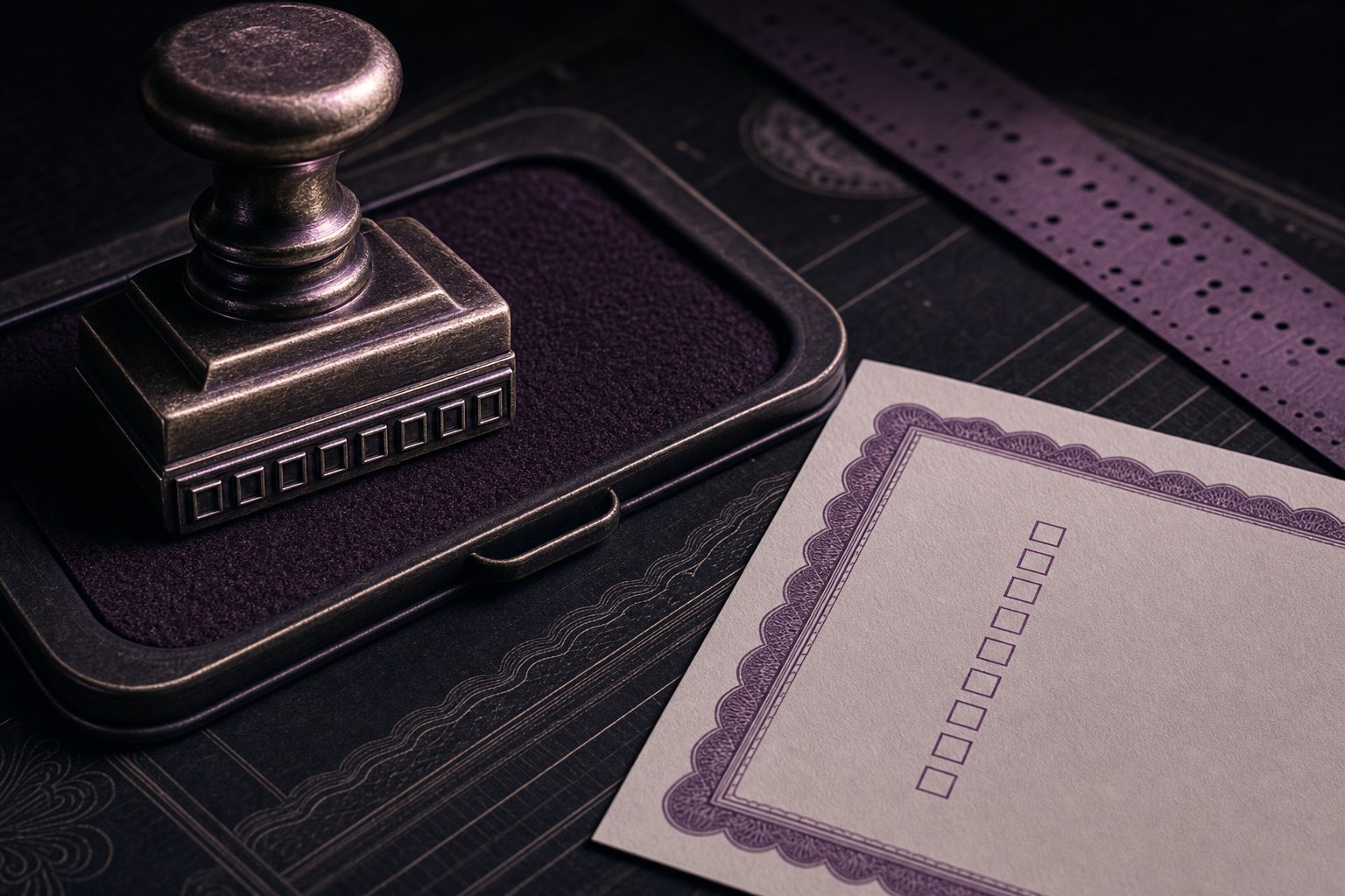 A brass ledger stamp resting on an ink pad beside a card embossed with nine small empty check boxes