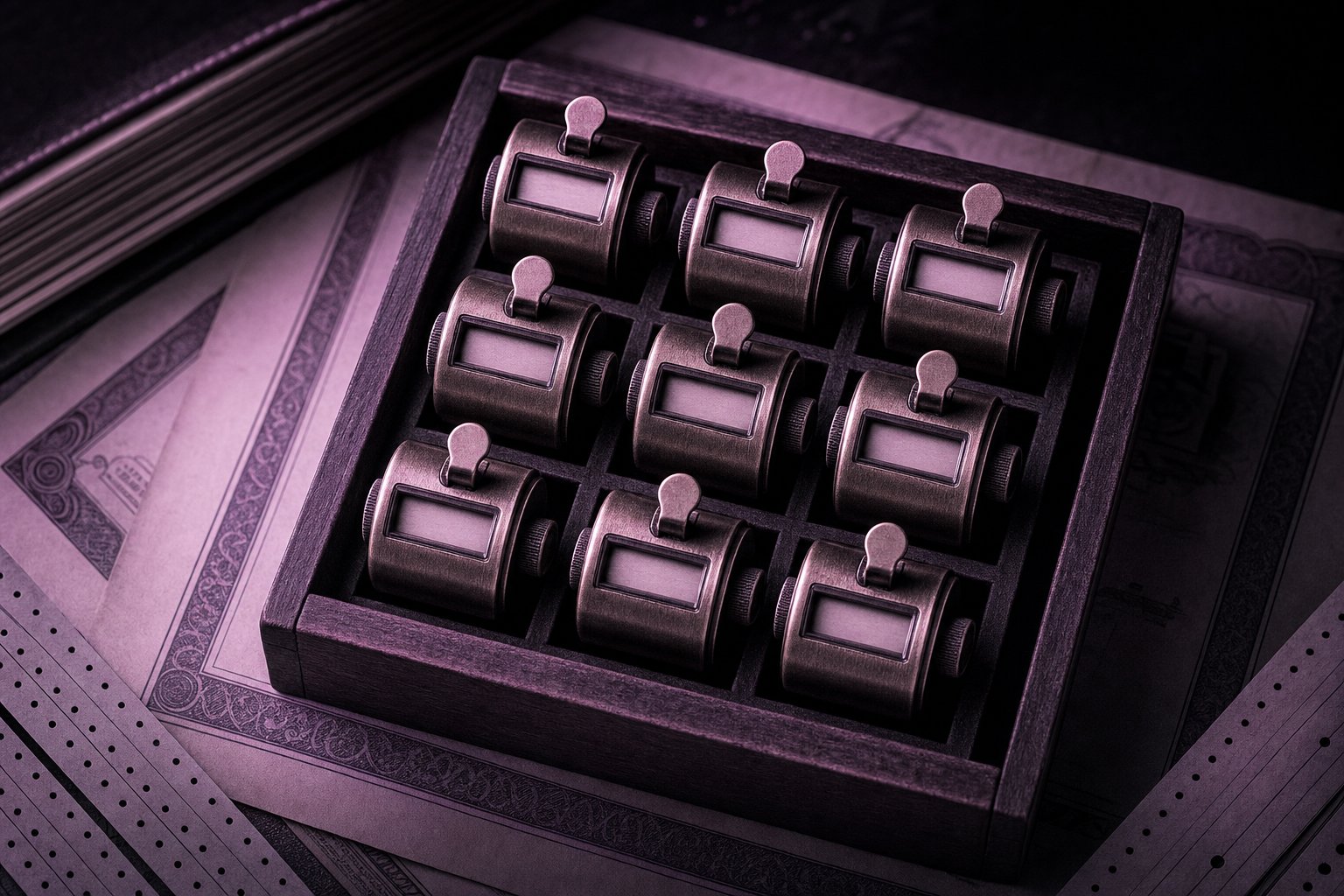Nine small blank brass tally counters set in a shallow wooden tray, arranged three by three