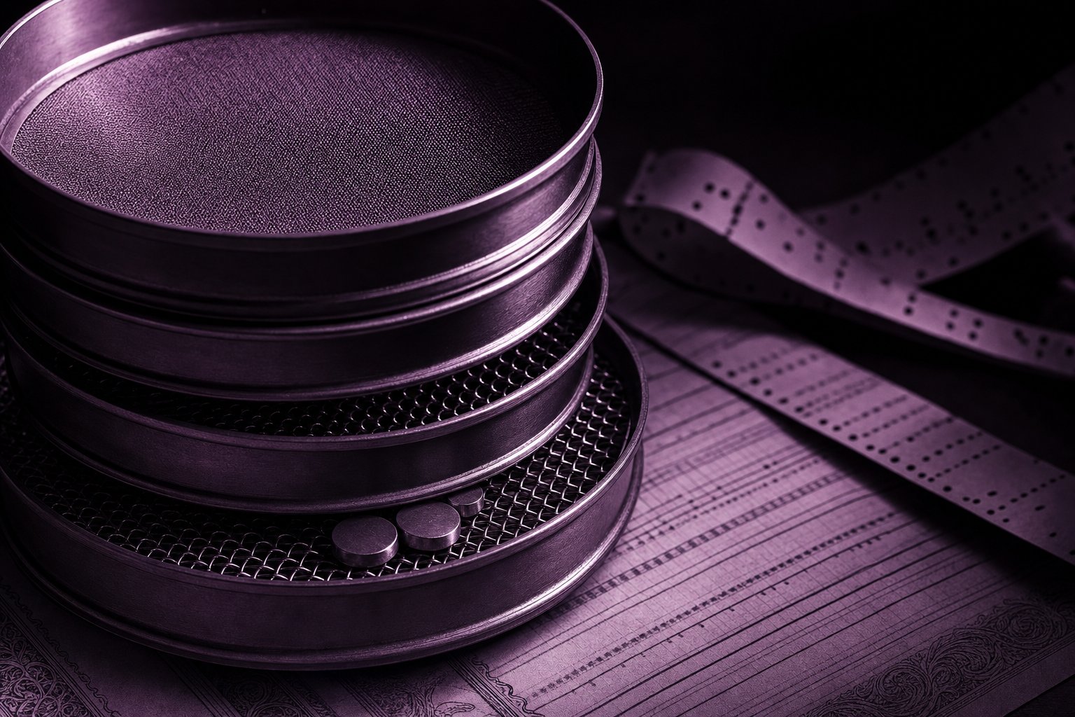 A stack of graduated brass sieve meshes, the finest on top, with small blank metal discs resting on the coarsest layer