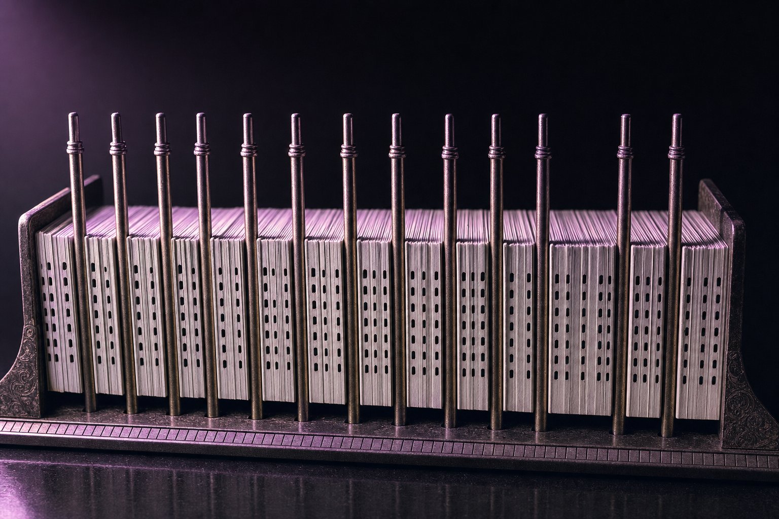 A row of vertical brass card-sorting rods pushed through a deck of blank punched cards, seen end-on so the slots form a comb