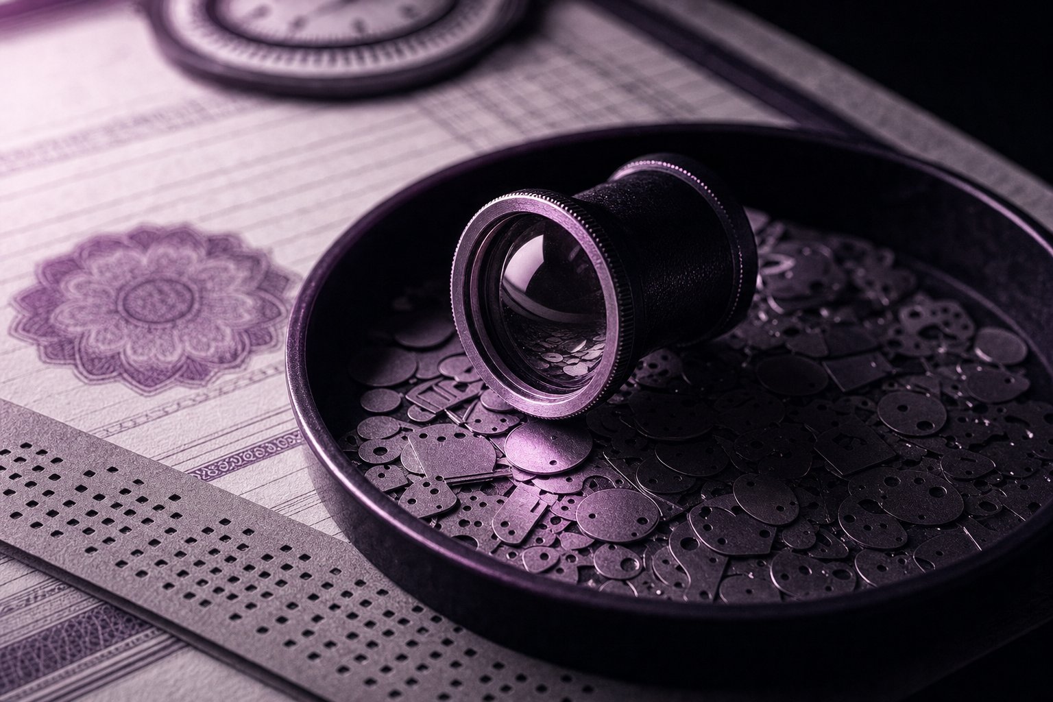 A loupe resting on its side on a shallow tray of tiny blank metal blanks under raking light
