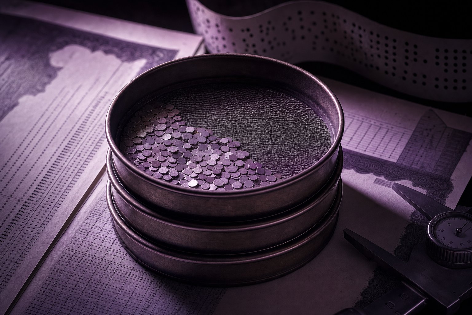 A brass jeweller's sieve stack half-filled with tiny blank metal discs, the finest mesh on top