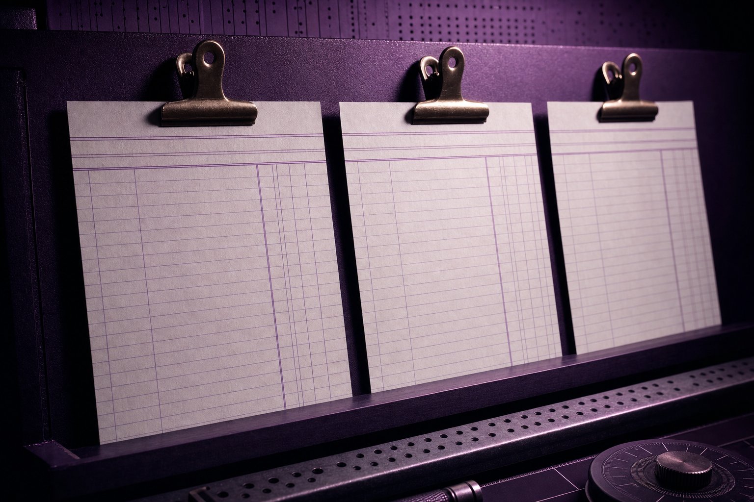 Three brass bulldog clips holding three separate sheets of blank ruled ledger paper against dark board