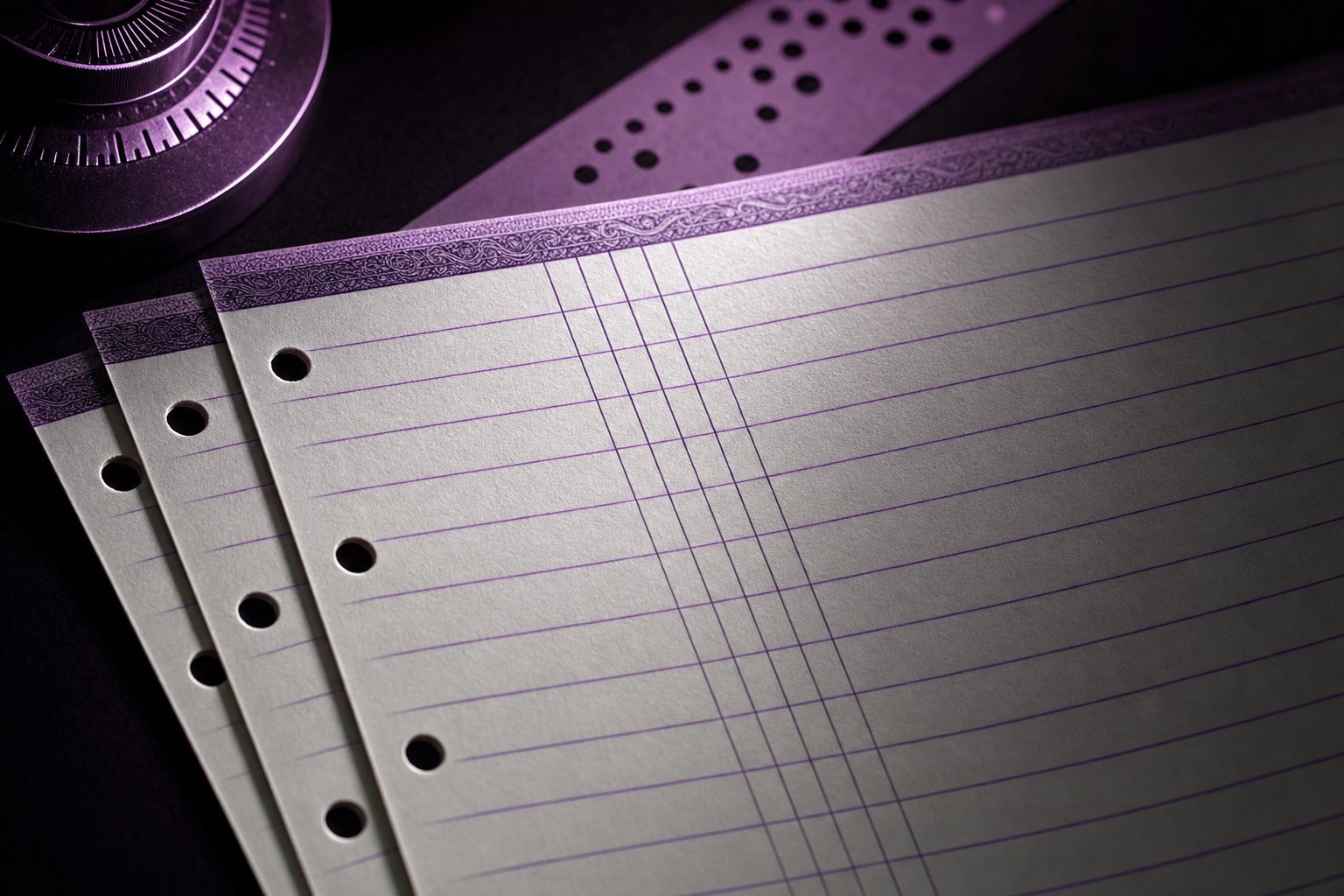 Three sheets of blank ruled accounting paper fanned so their ruled column edges align into a single band of lines