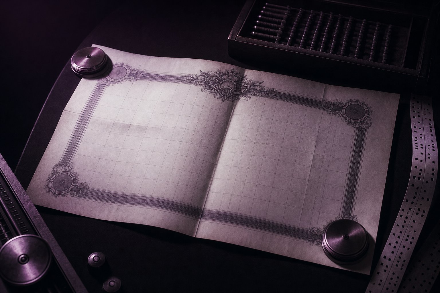 A folded engraved plan sheet opened flat, its grid ruling blank, held down at two corners by brass weights