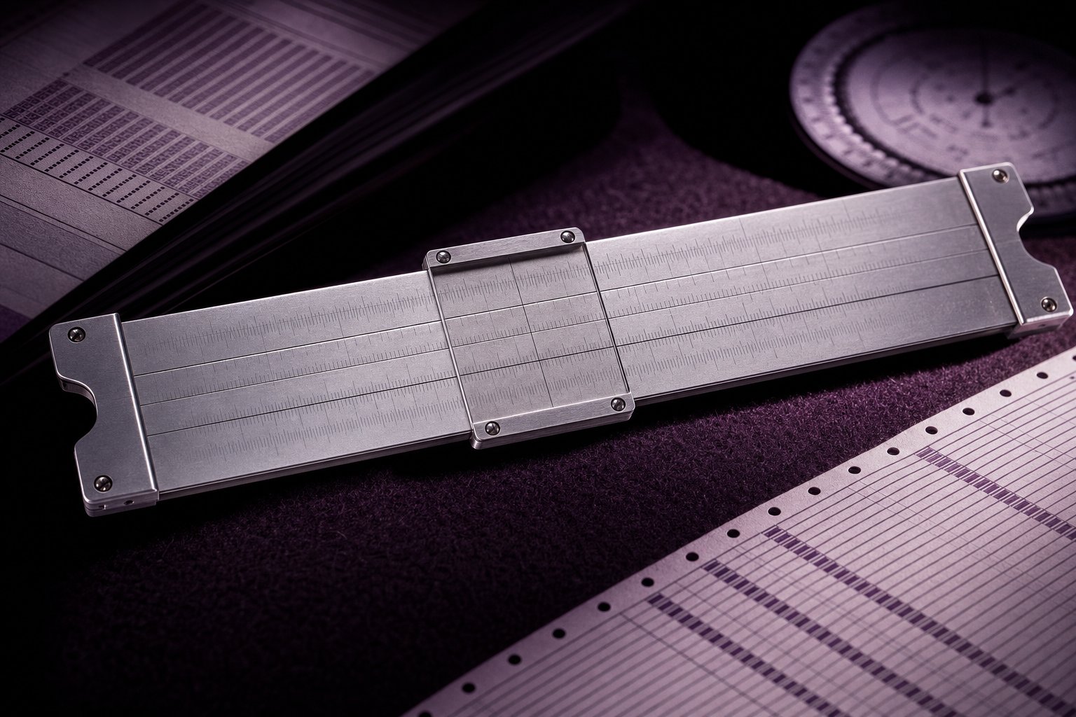 A slide rule in polished aluminum with its cursor hairline centered, unmarked scales, on plum felt