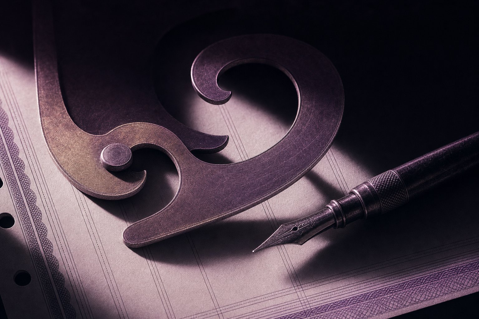 A draftsman's brass French curve and a fine steel nib pen on a sheet of ruled plate paper, a single bent line of shadow crossing beneath them