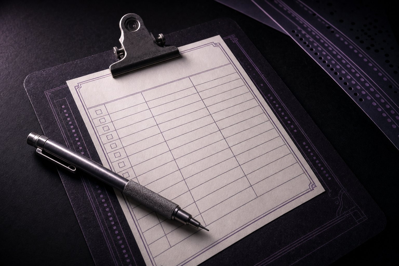 A blank nine-row tally sheet clipped to a dark board with a brass clip, a steel pencil laid across it